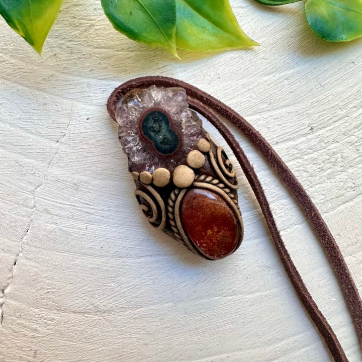 Sunstone and Amethyst Stalactite Pendant Necklace, Handmade Boho Jewelry - FairyGardenGlow