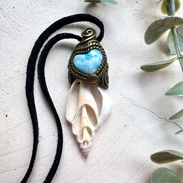 Seashell Slice & Larimar Heart Necklace – Ocean Inspired Crystal Jewelry, Handmade Gemstone Pendant