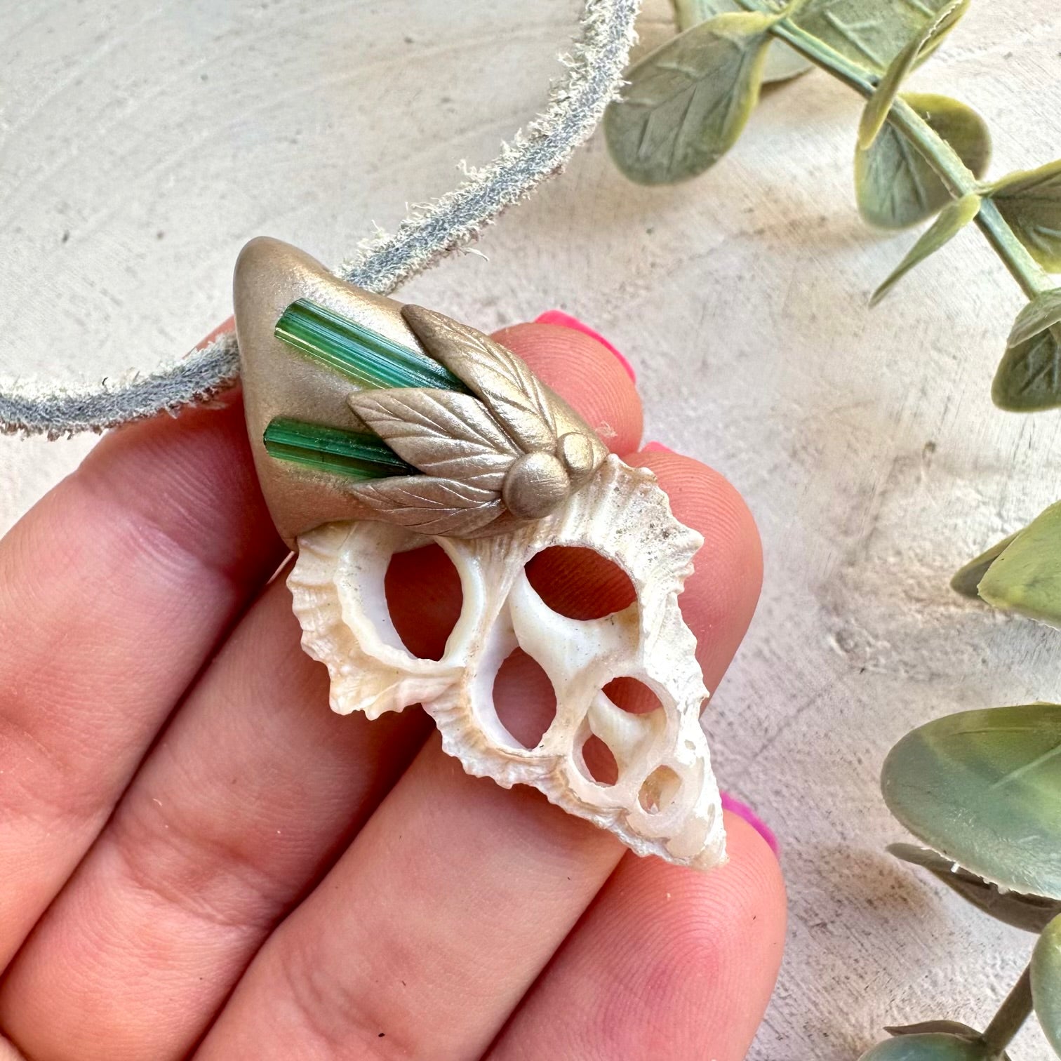 Ocean & Earth Crystal Necklace with Seashell Slice and Green Tourmaline – Spiritual Jewelry