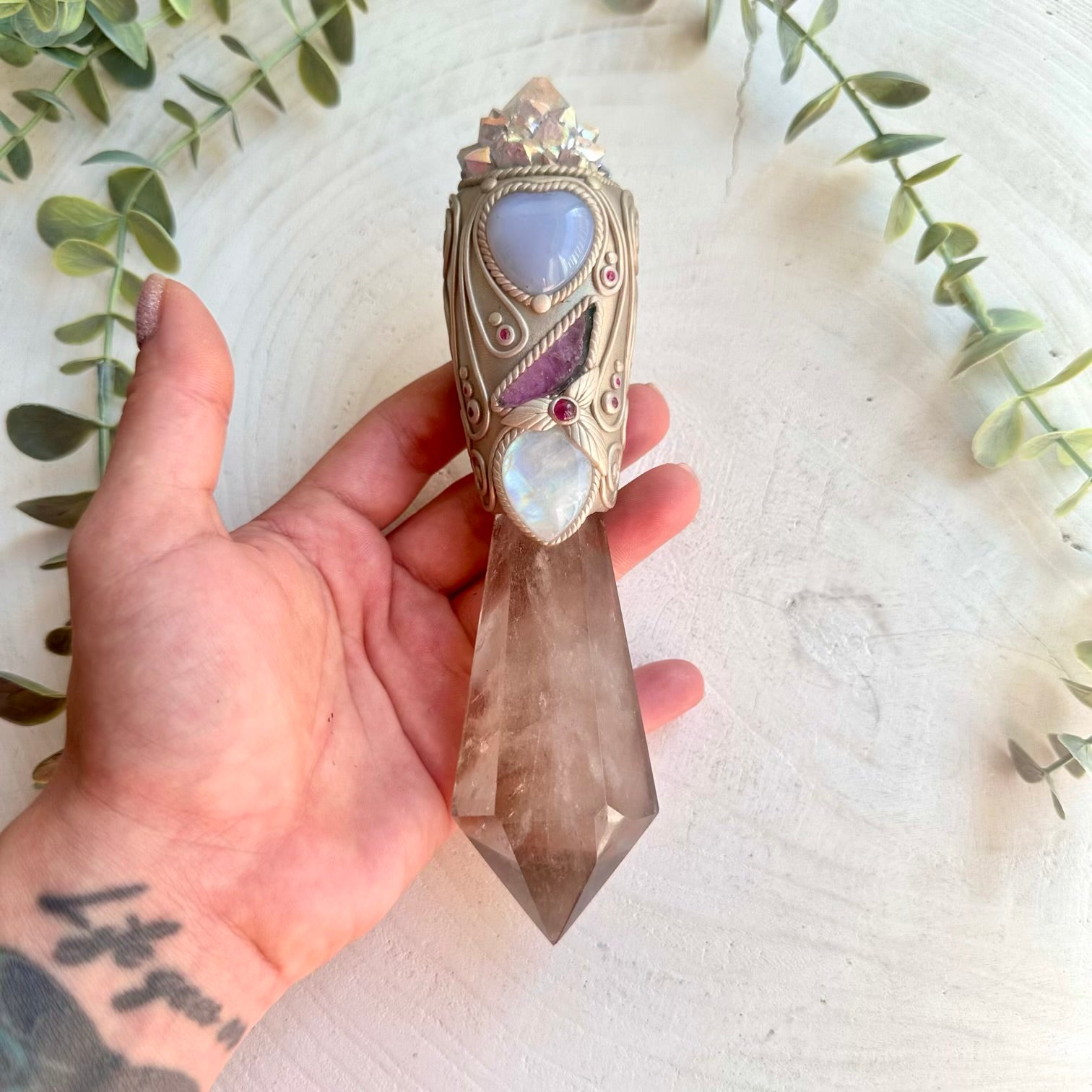 Witch crystal wand with smoky quartz angel aura spirit quartz watermelon tourmaline rainbow moonstone rhodolite garnet and ruby