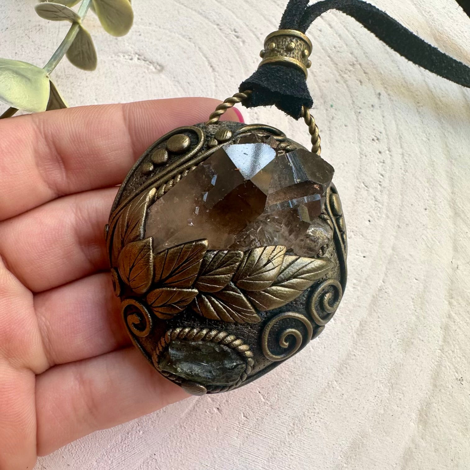 Smoky Quartz Cluster & Moldavite Pendant Necklace – Healing Stone Pendant, Protection & Transformation Crystal Jewelry