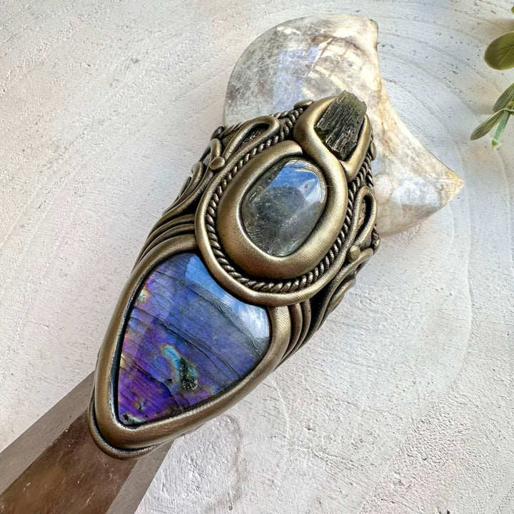 Smoky quartz moonstone and moldavite ritual wand