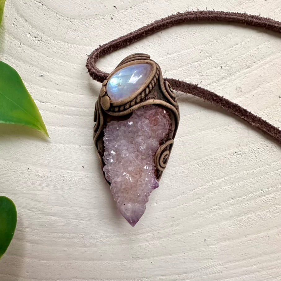 Spirit Quartz and Rainbow Moonstone handmade pendant necklace