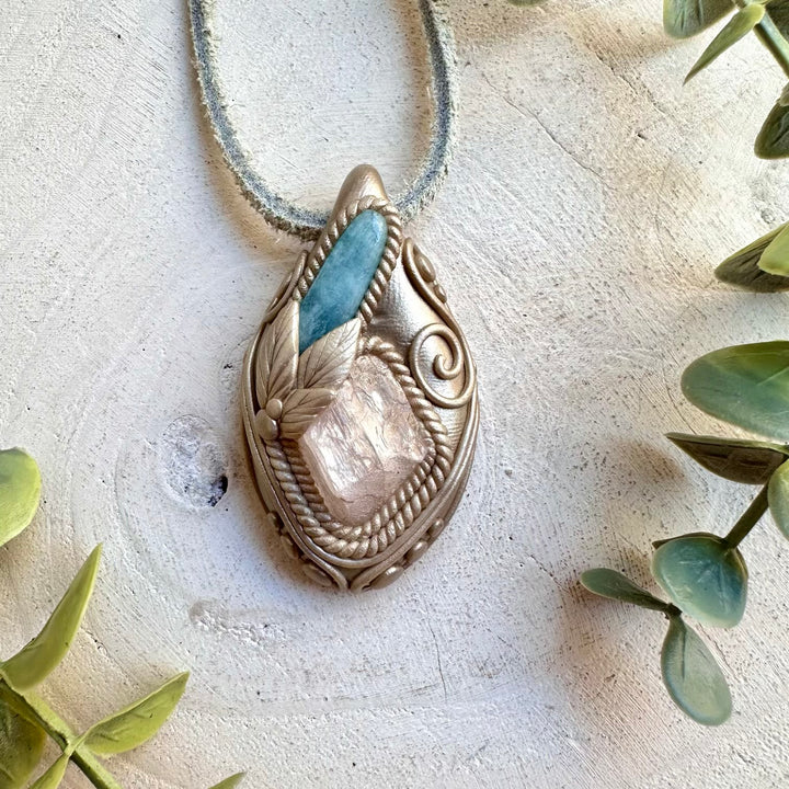 Kunzite Necklace with Aquamarine – Healing Crystal Jewelry, Handmade Gemstone Pendant