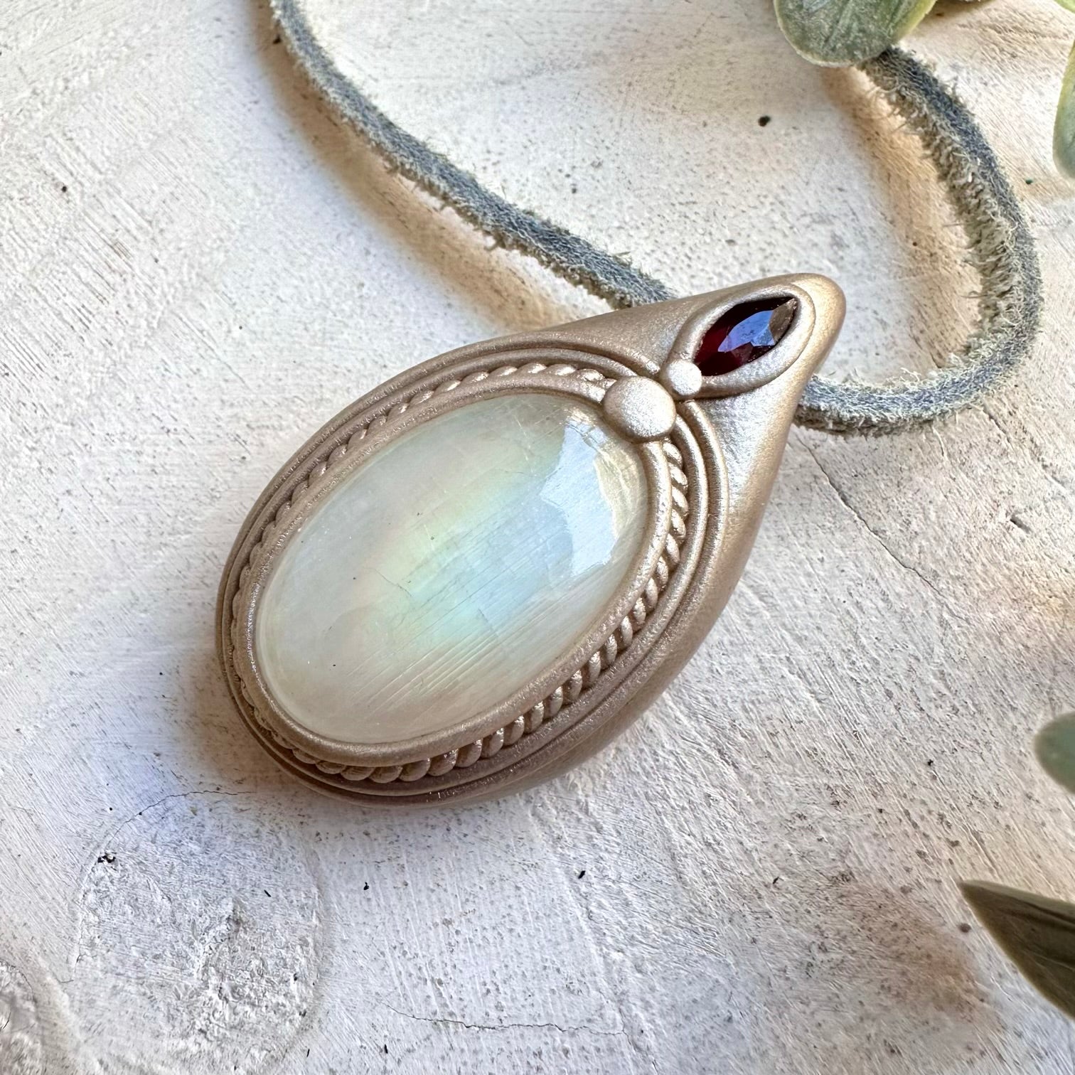 Handmade Rainbow Moonstone and Red Garnet Pendant Necklace – Spiritual Gemstone Jewelry