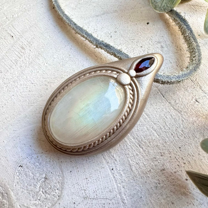 Handmade Rainbow Moonstone and Red Garnet Pendant Necklace – Spiritual Gemstone Jewelry