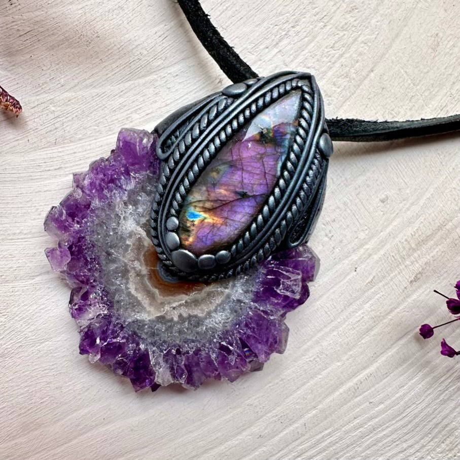 Unique gemstone necklace – Amethyst Stalactite and Purple Labradorite