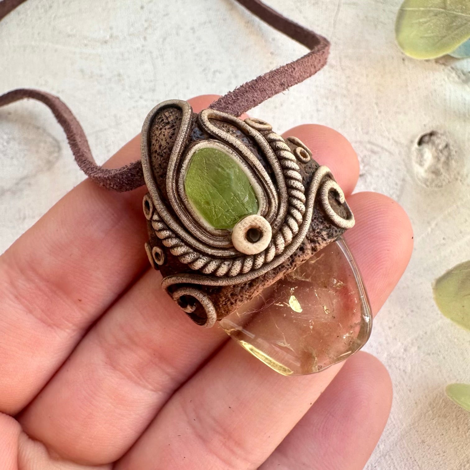 Spiritual crystal necklace with yellow and green gemstones