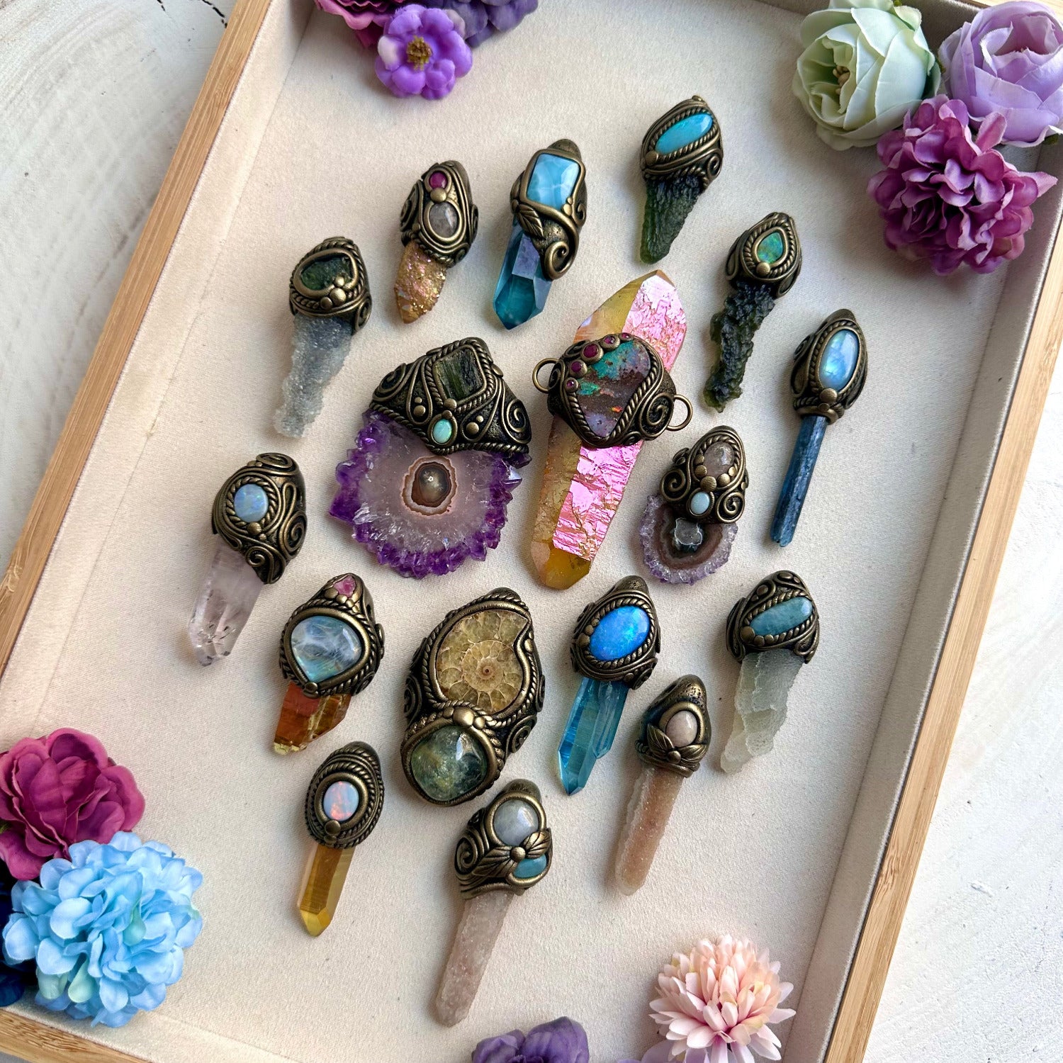 Spiritual crystal pendants handmade with natural gemstones and clay