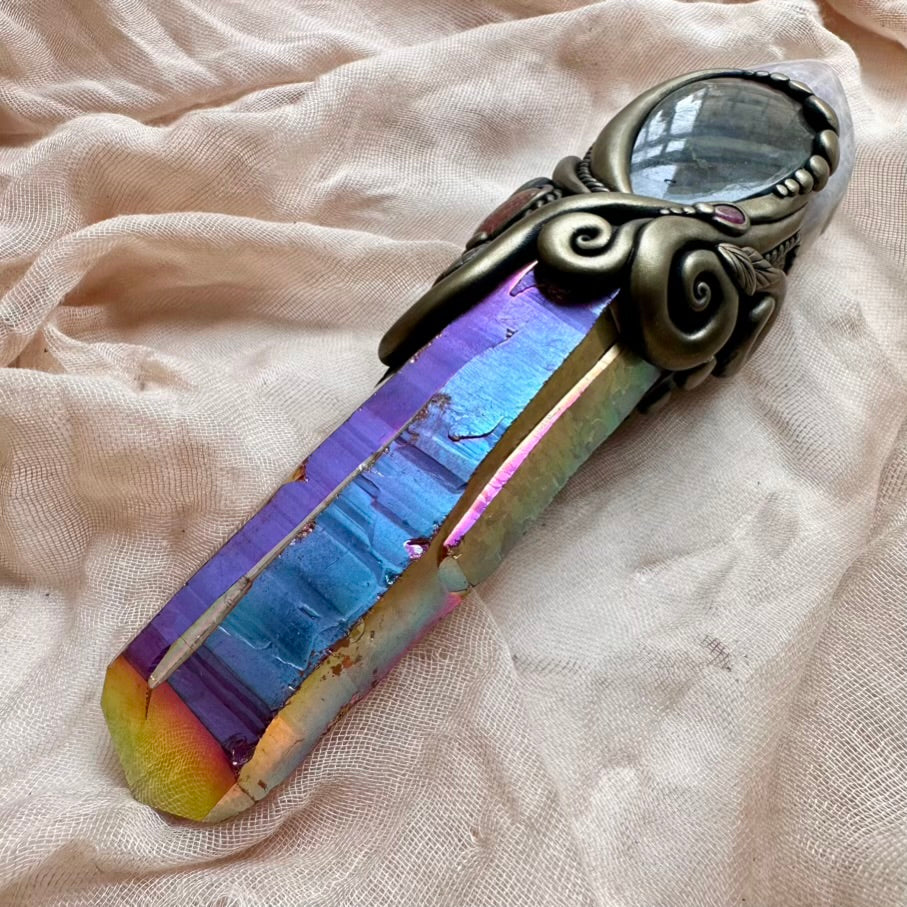 Spiritual crystal wand handmade with Aura Quartz and Ruby