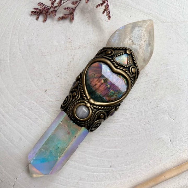 Spiritual energy wand with Angel Aura Quartz point and Opal accents