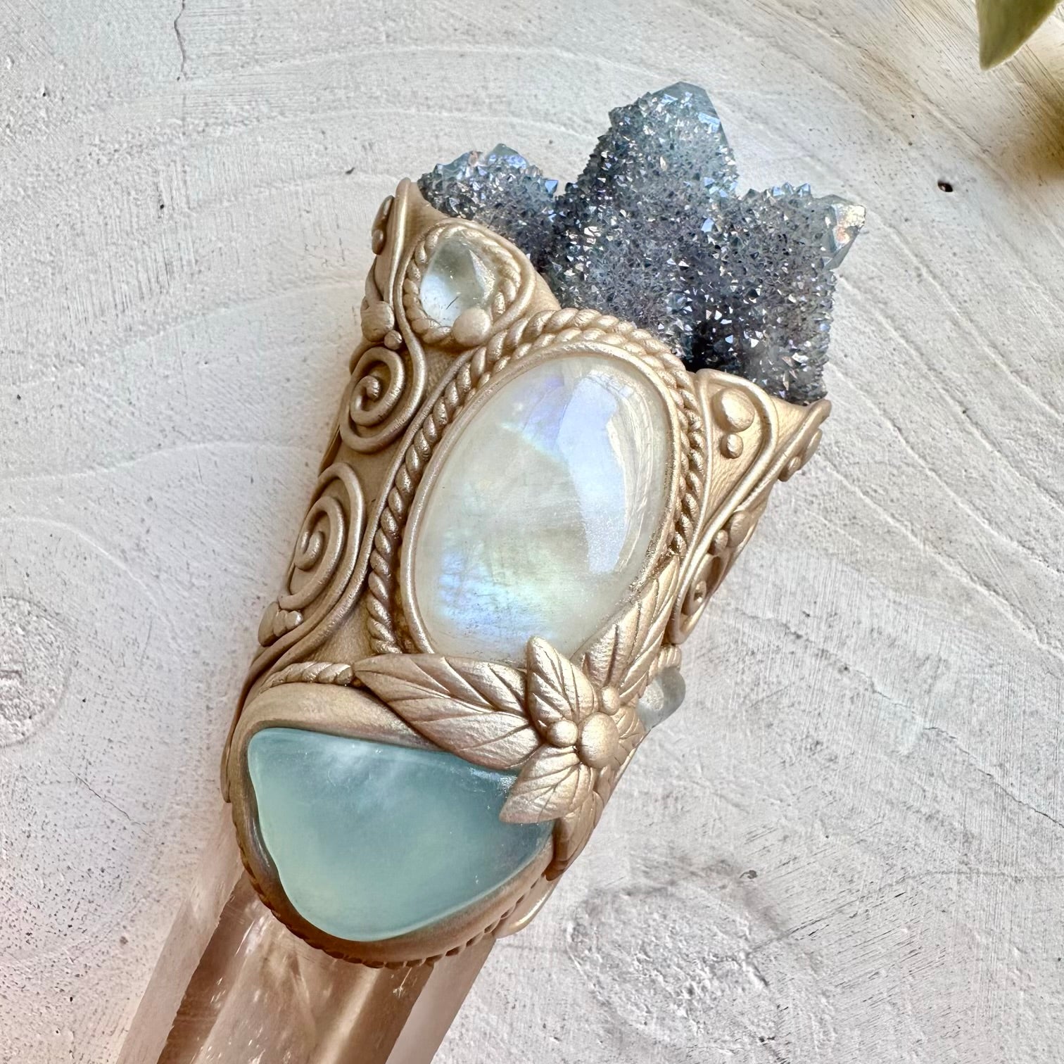 Spiritual energy wand with Lemurian quartz Aqua Aura Spirit Quartz Aquamarine Larimar Moonstone and Blue Topaz