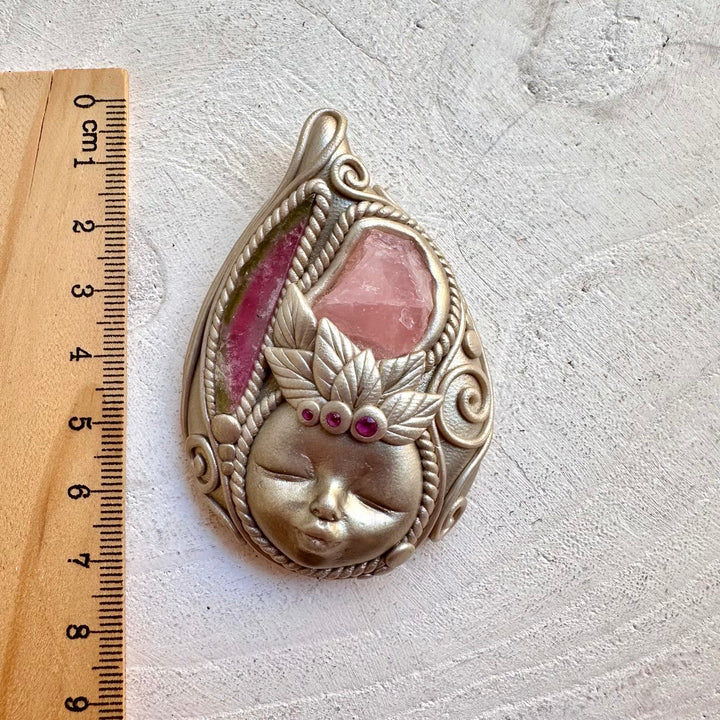 Spiritual healing goddess necklace raw rose quartz crystal and ruby gemstones