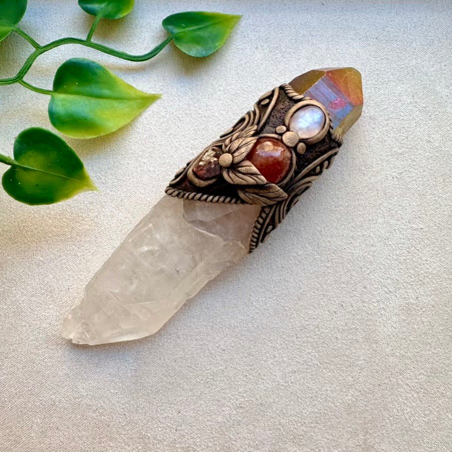 Raw Crystal Wand, Clear Quartz with Sunset Aura Quartz, Moonstone, Sunstone and Red Garnet - FairyGardenGlow