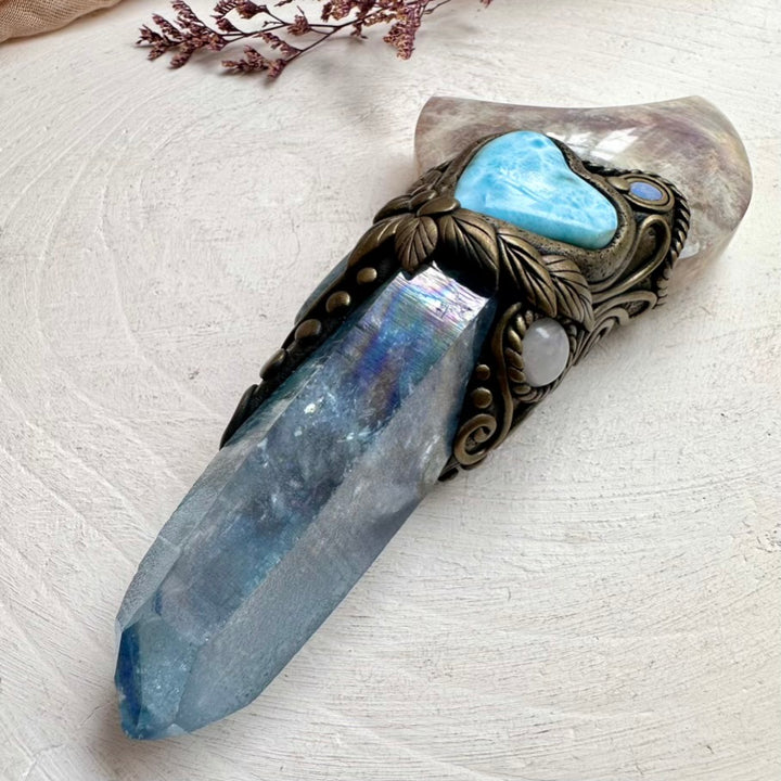 Spiritual healing wand with Aqua Aura Quartz and Aquamarine