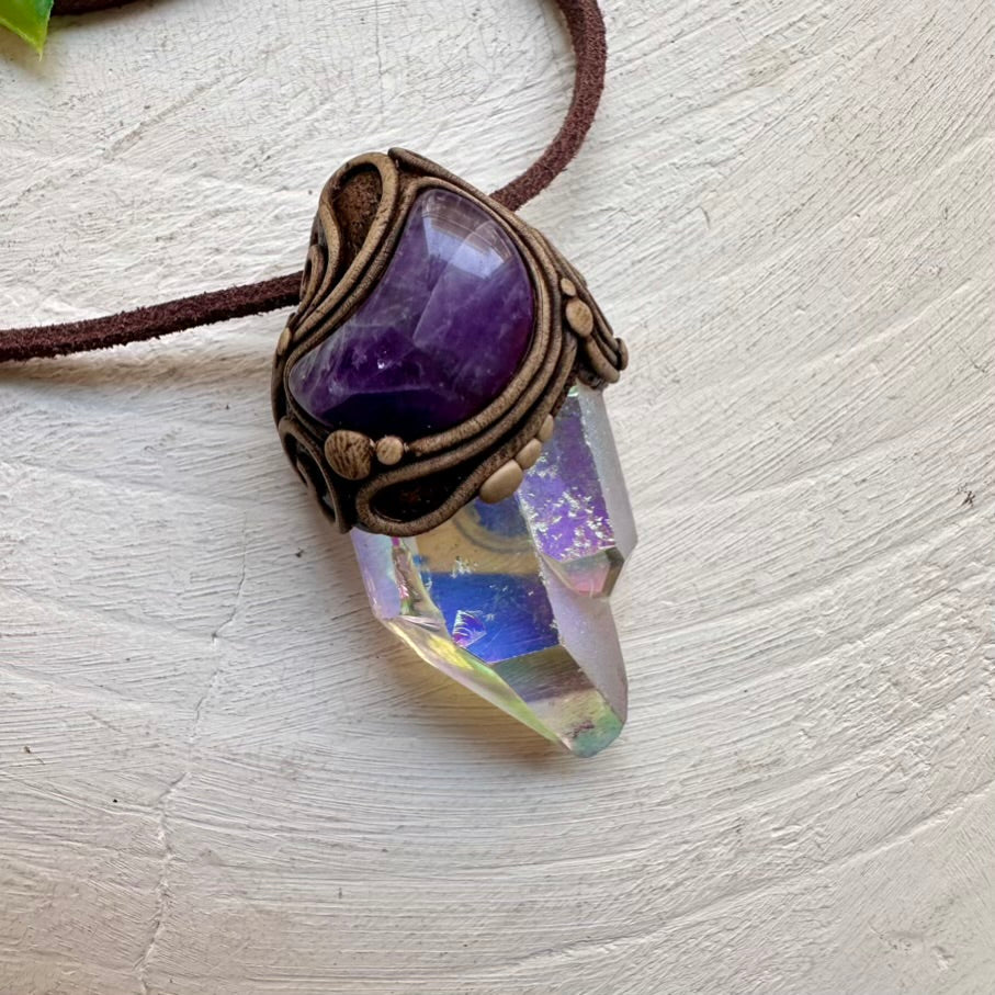 Angel Aura Quartz and Amethyst Moon Necklace, Handmade Crystal Jewelry FairyGardenGlow