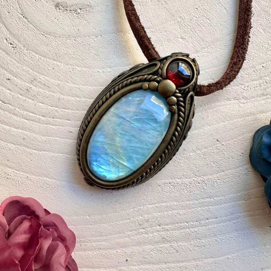 Spiritual jewelry made with Rainbow Moonstone and Garnet