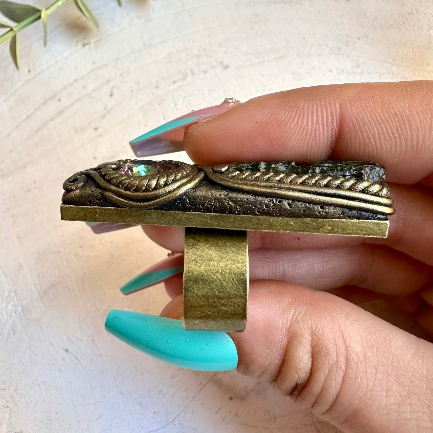 Spiritual jewelry ring combining moldavite and mystic topaz