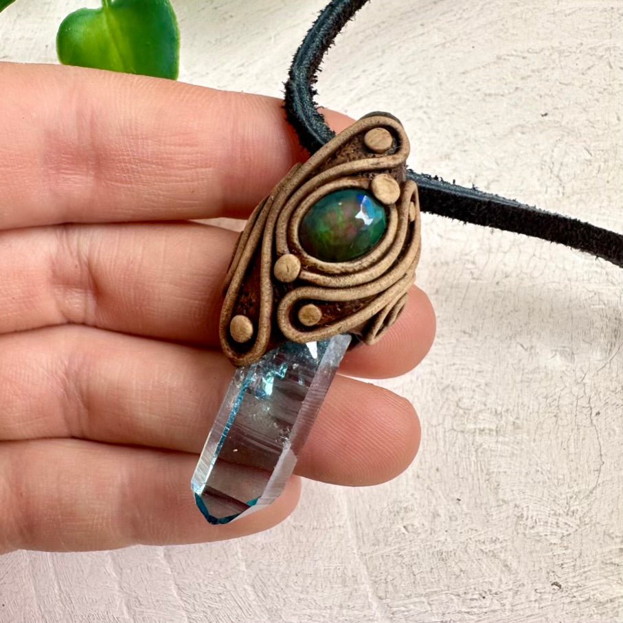 Aqua Aura Quartz and Black Ethiopian Opal Pendant Necklace - FairyGardenGlow