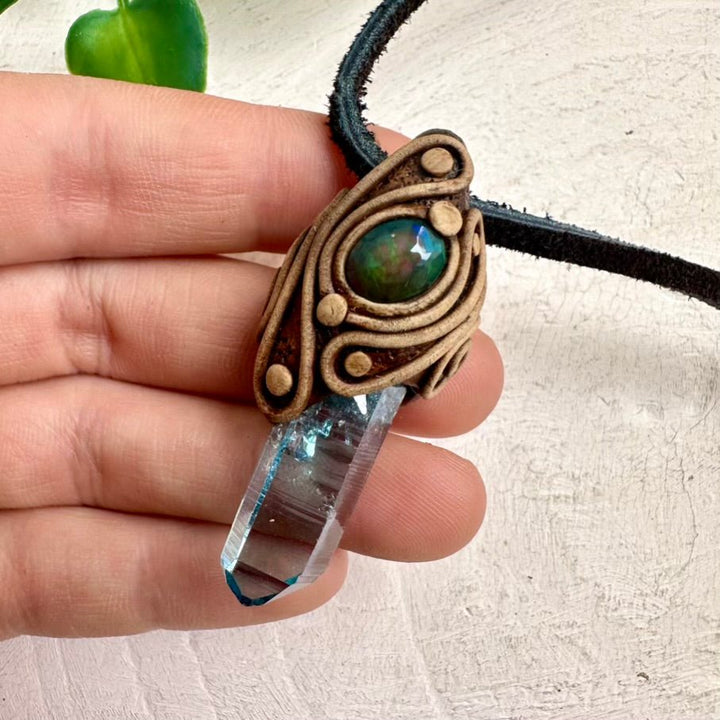 Aqua Aura Quartz and Black Ethiopian Opal Pendant Necklace - FairyGardenGlow
