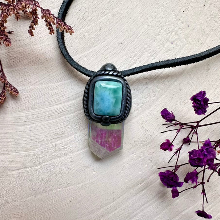 Natural Larimar pendant with Angel Aura Kunzite crystal