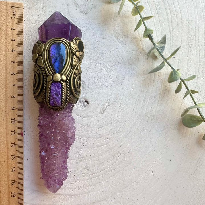Spiritual wearable healing crystal wand made with Spirit Quartz, Amethyst, Labradorite and Black Onyx.