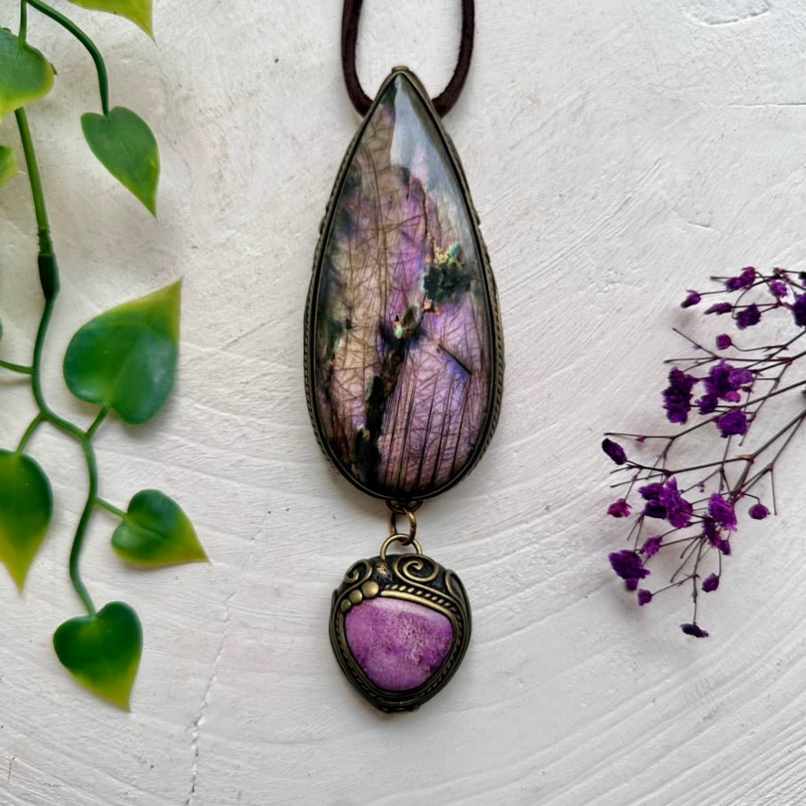 Large Labradorite and Stichtite Pendant Necklace, Statement Gemstone Jewelry FairyGardenGlow