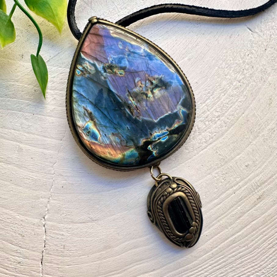 Statement crystal necklace featuring Labradorite and Tourmaline
