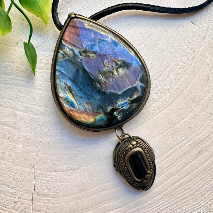 Statement crystal necklace featuring Labradorite and Tourmaline