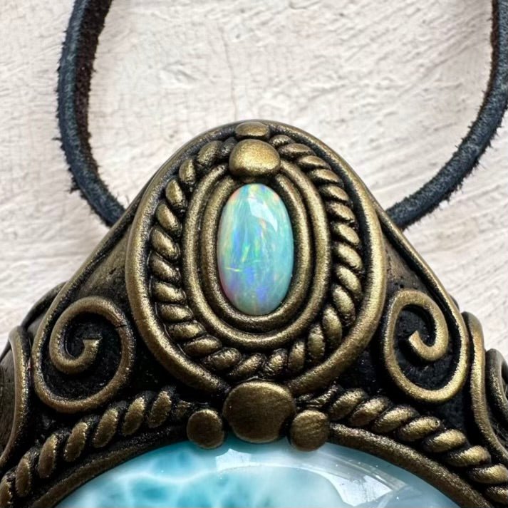 Large Larimar and Australian Opal Crystal Necklace, Unique Gemstone Pendant FairyGardenGlow