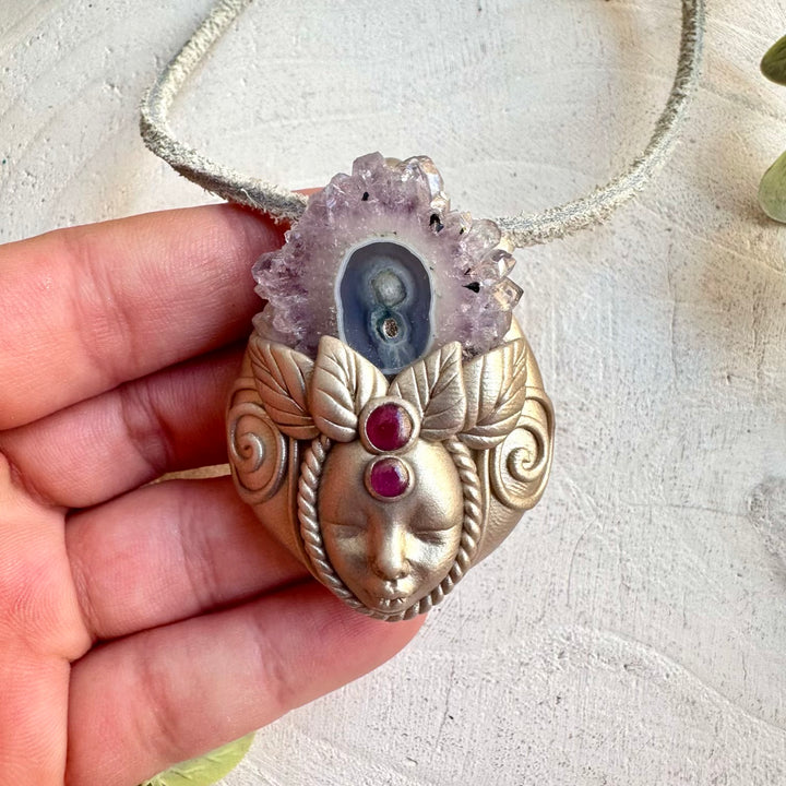 Statement crystal necklace goddess jewelry purple red energy piece