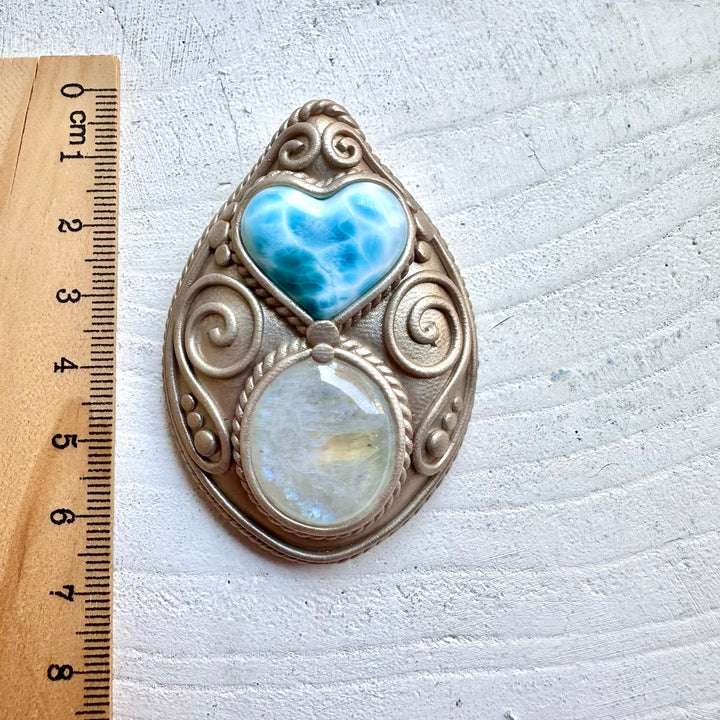 Statement handmade healing crystal necklace with larimar heart and rainbow moonstone