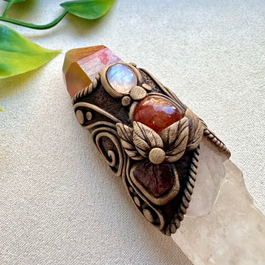 Raw Crystal Wand, Clear Quartz with Sunset Aura Quartz, Moonstone, Sunstone and Red Garnet - FairyGardenGlow
