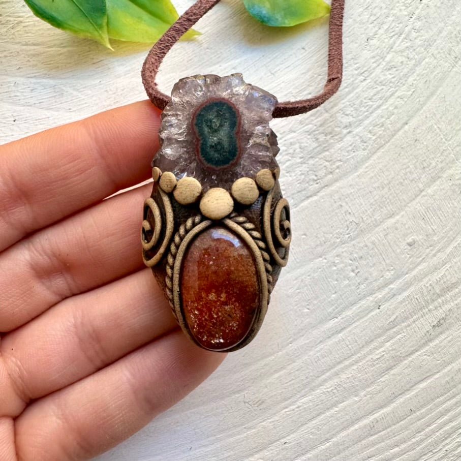 Sunstone and Amethyst Stalactite Pendant Necklace, Handmade Boho Jewelry - FairyGardenGlow