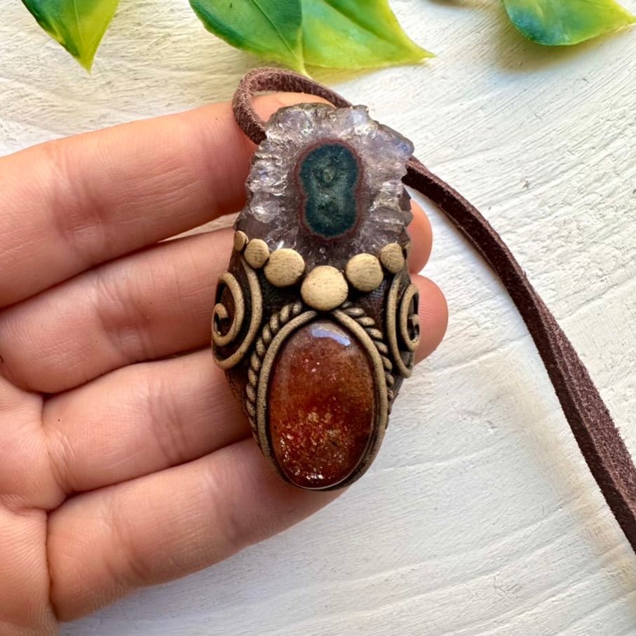 Sunstone and Amethyst Stalactite Pendant Necklace, Handmade Boho Jewelry - FairyGardenGlow