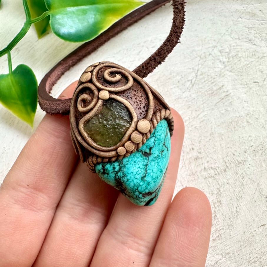 Turquoise and Moldavite Necklace, Handmade Unisex Pendant - FairyGardenGlow