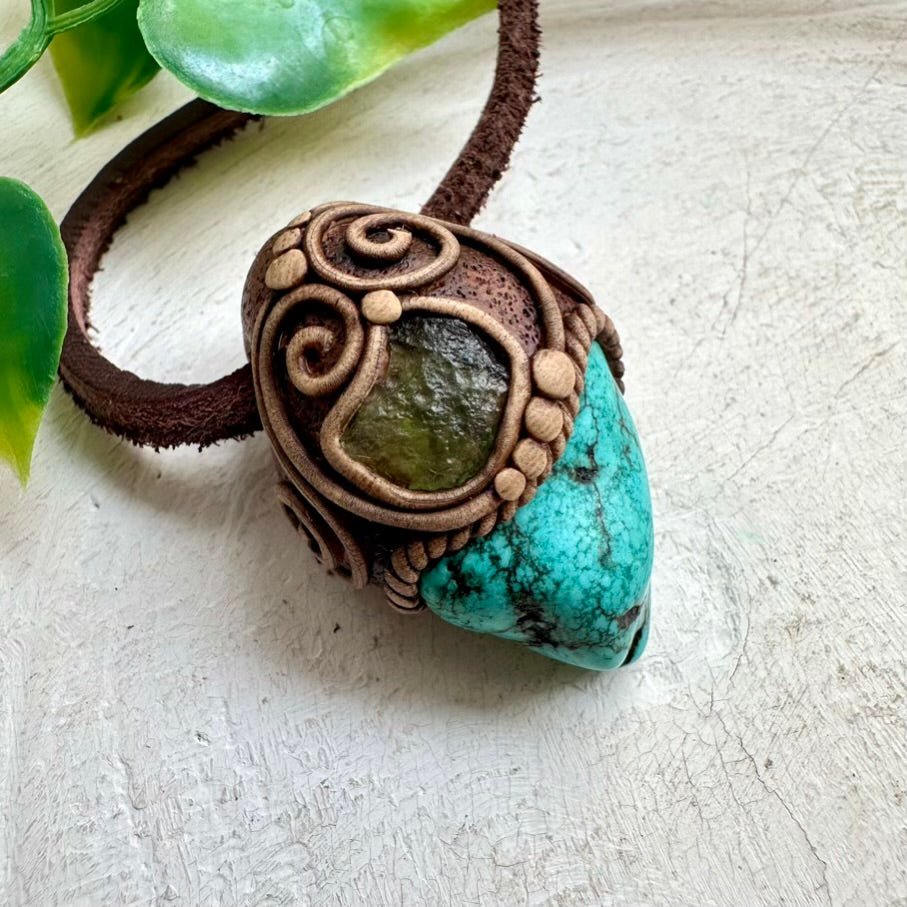 Turquoise and Moldavite Necklace, Handmade Unisex Pendant - FairyGardenGlow