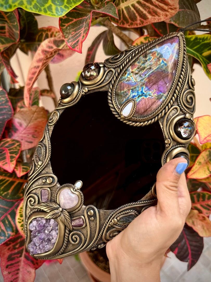 Crystal Wall Hanging - Handmade Unique Crystal Home Decor Art, with Black Obsidian Mirror, Large Purple Labradorite, Rainbow Obsidian, Smoky Quartz, Amethyst Cluster, Rose Quartz Heart, Moldavite, Ruby and Australian Opal - FairyGardenGlow