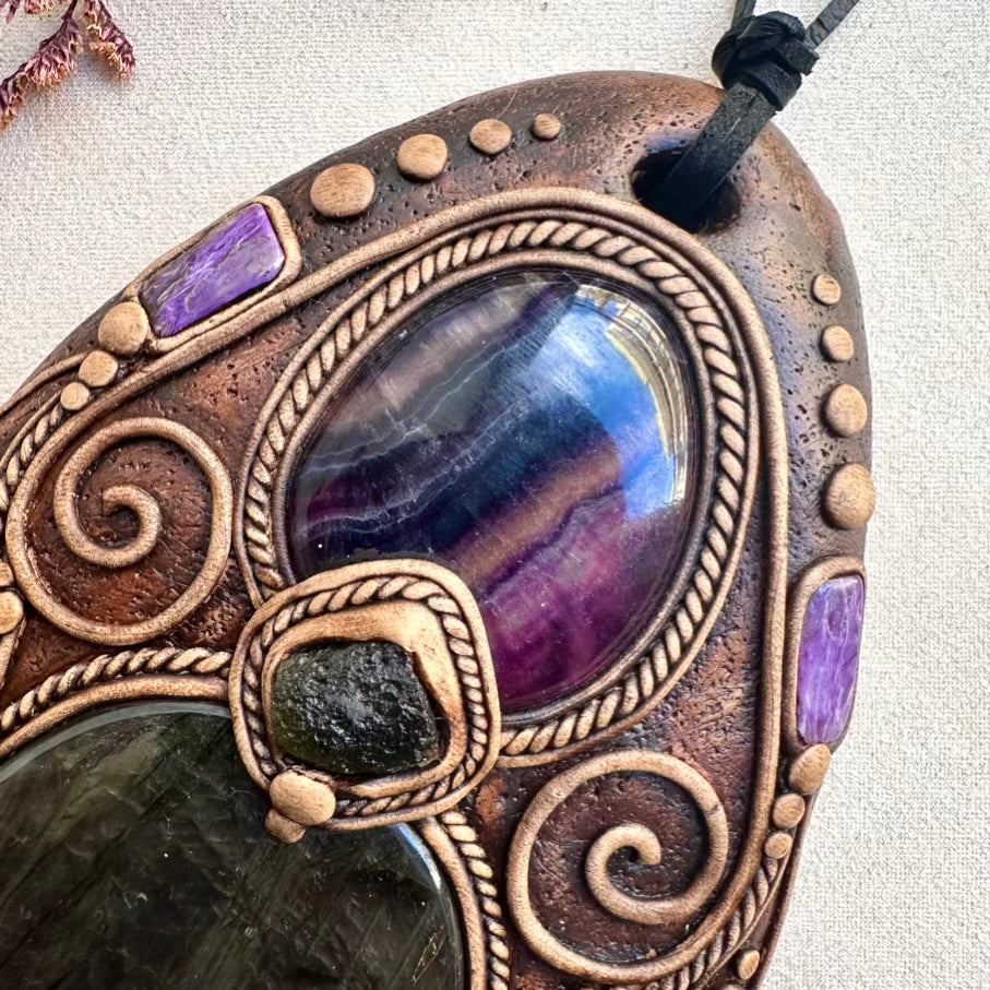 Unique crystal wall decoration with Labradorite and Charoite