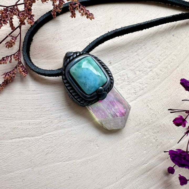 Unique gemstone amulet – Angel Aura Kunzite and Larimar