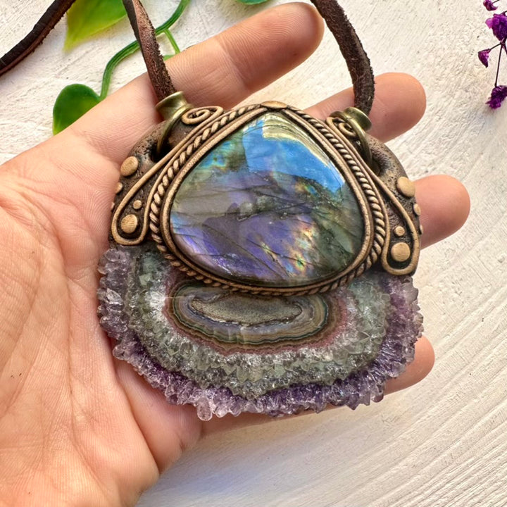 Unique gemstone necklace – Amethyst Stalactite and Purple Labradorite