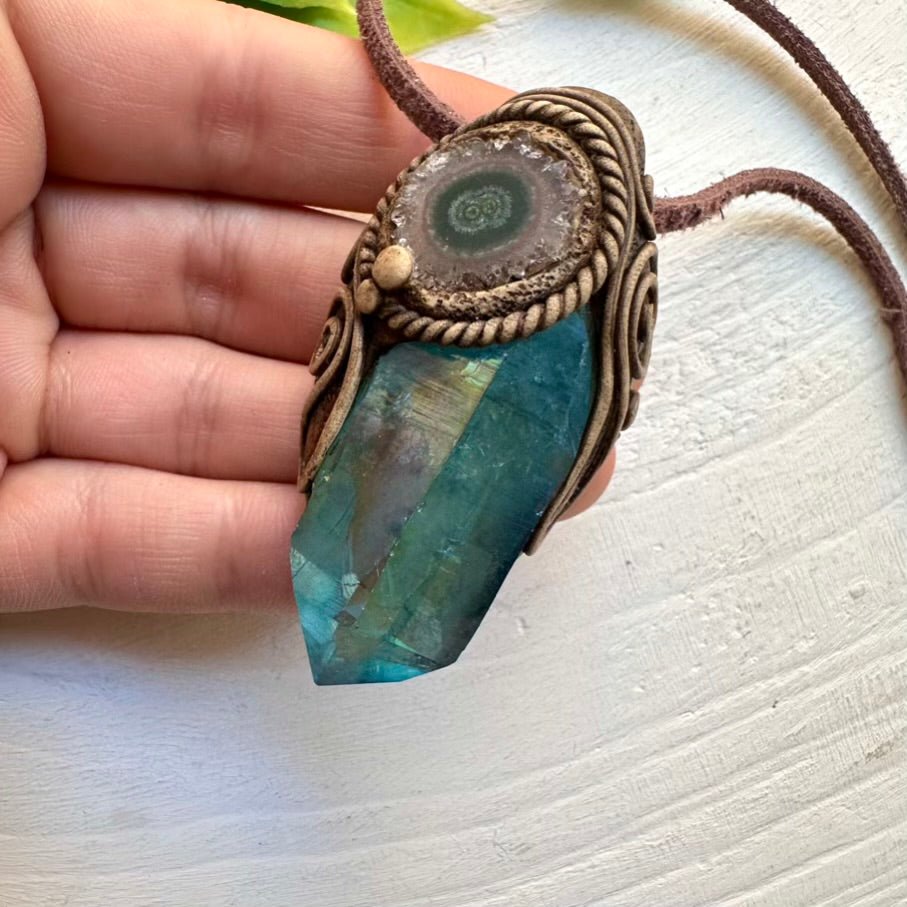 Aqua Aura Quartz and Amethyst Stalactite Pendant Necklace - FairyGardenGlow