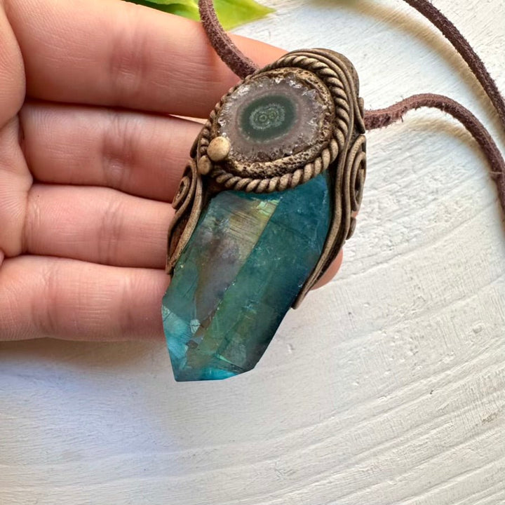 Aqua Aura Quartz and Amethyst Stalactite Pendant Necklace - FairyGardenGlow