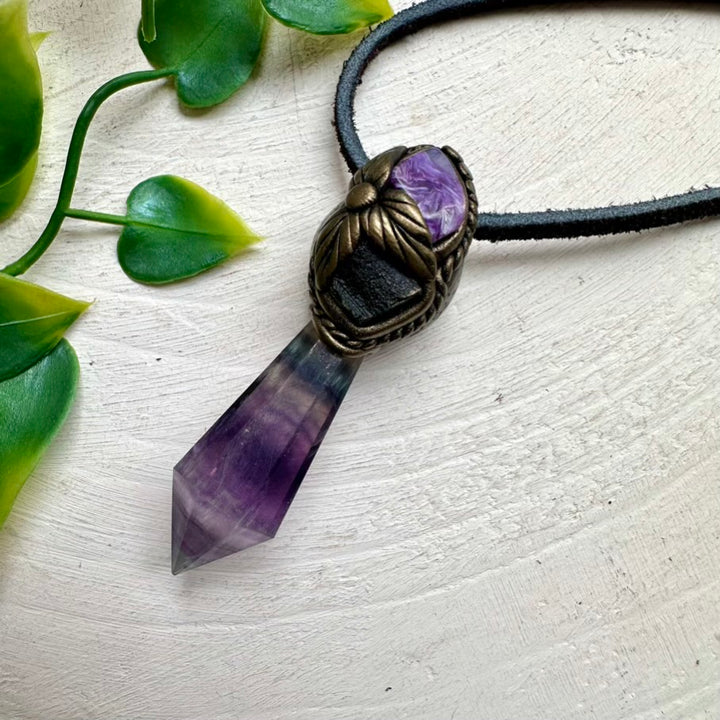 Unique gemstone necklace – Fluorite, Moldavite and Charoite