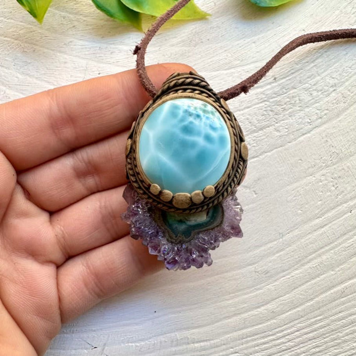Larimar and Amethyst Stalactite Necklace, Unique Healing Crystal Jewelry - FairyGardenGlow