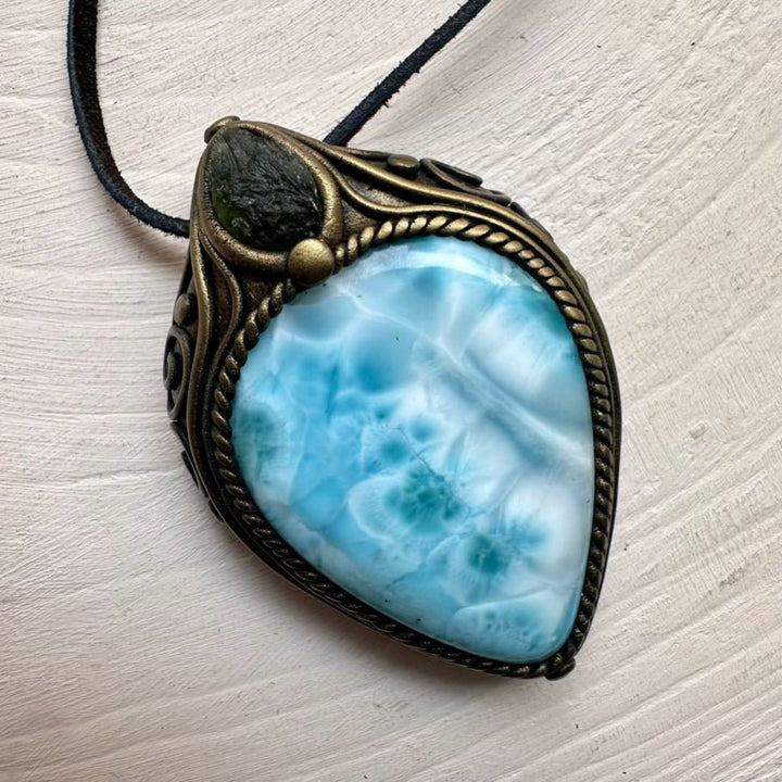 Large Larimar and Moldavite Pendant Necklace, Healing Crystal Jewelry FairyGardenGlow