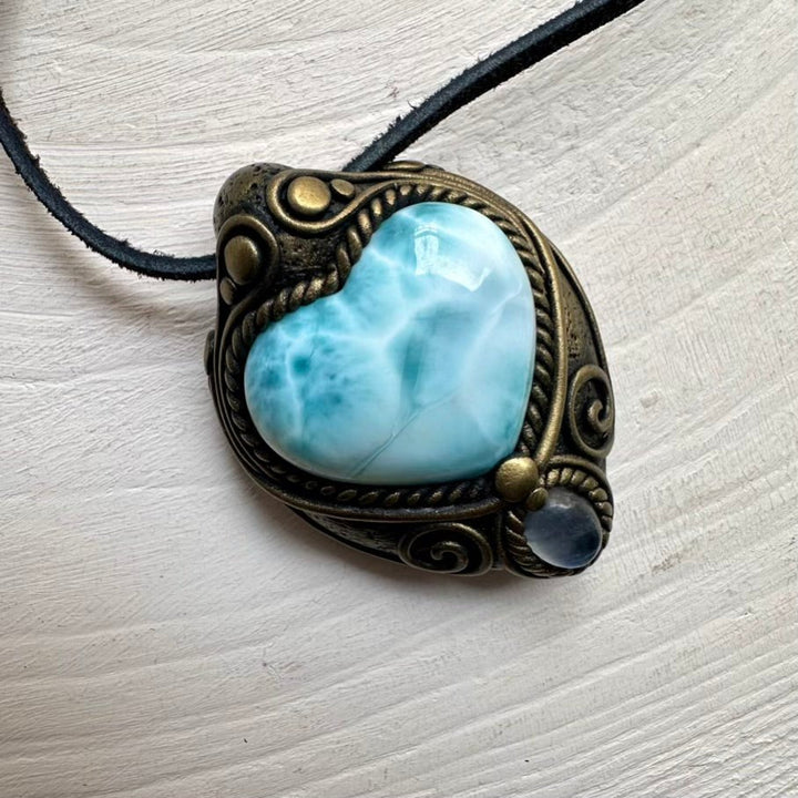 Larimar Heart and Moonstone Necklace FairyGardenGlow