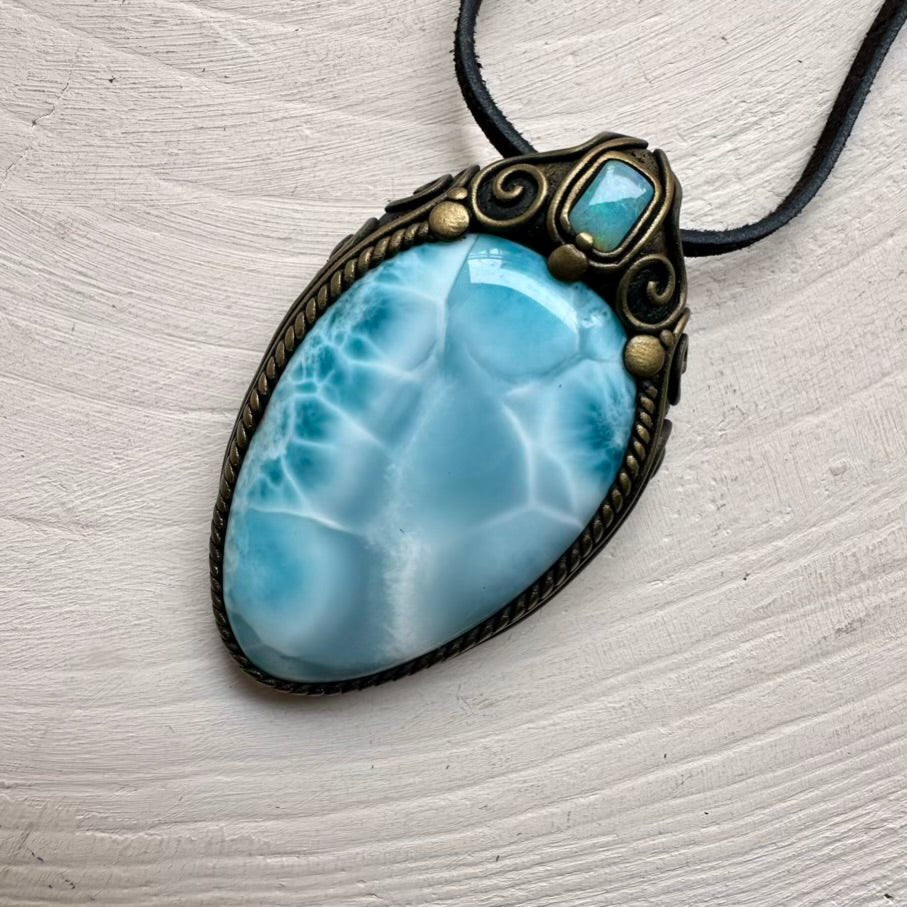 Large Larimar and Australian Opal Crystal Necklace, Unique Gemstone Jewelry FairyGardenGlow