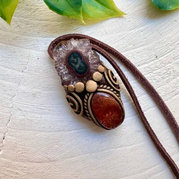 Sunstone and Amethyst Stalactite Pendant Necklace, Handmade Boho Jewelry - FairyGardenGlow