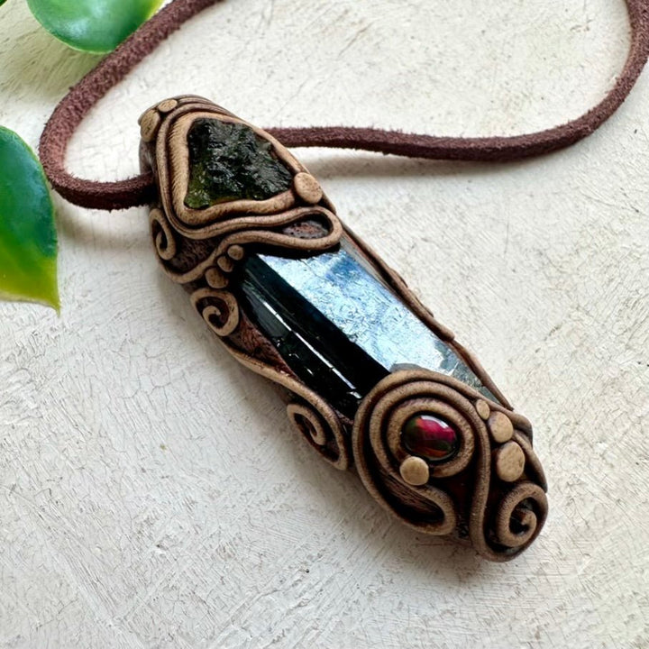 Vivianite Moldavite and Black Ethiopian Opal Pendant Necklace - FairyGardenGlow